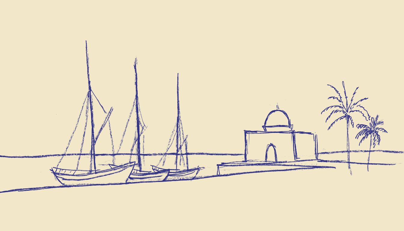 Dessin au trait d’un port tunisien : barques à mâts, bâtisse à coupole et palmiers.
